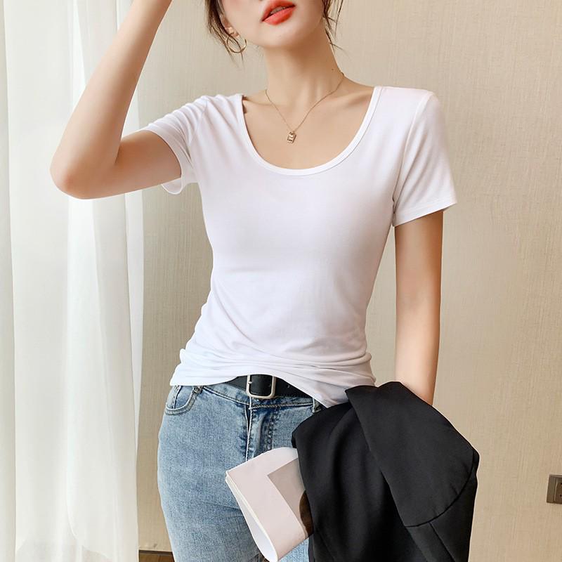 

Женская черная модальная футболка с U-образным вырезом, приталенная - летний универсальный базовый топ с коротким рукавом XL (114-125 lbs)