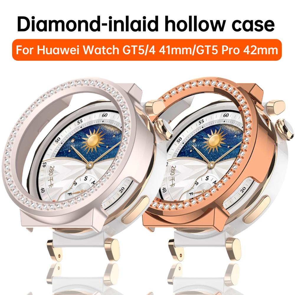 Bling PC Průhledné pouzdro pro Huawei Watch GT 5 4 41mm /5 Pro 42mm Kryt Kůže Samrt Pásek Diamantový Křišťálový Nárazník Ochranný GT5 GT4