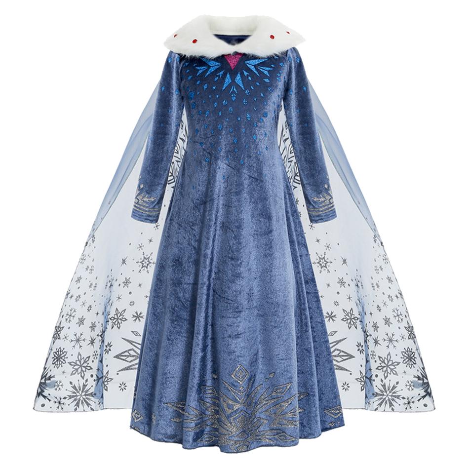 Girls Princess Elsa Dress Long Sleeve Cosplay Snow Queen Costume Kids Halloween Carnival Birthday Party Dress 100
