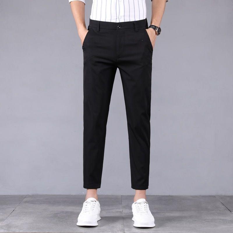 Summer ice silk nine-point trousers men's air-conditioning pants trendy slim-fitting small foot suit casual summer pants thin