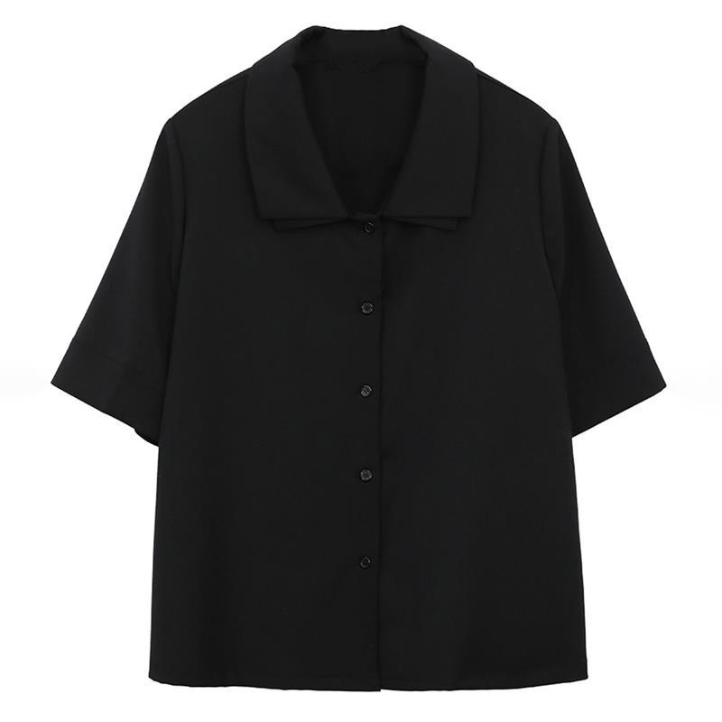 Retro Lapel Black Shirt Women's Short-sleeved Top Summer New French Temperament Thin Shirt Design Niche