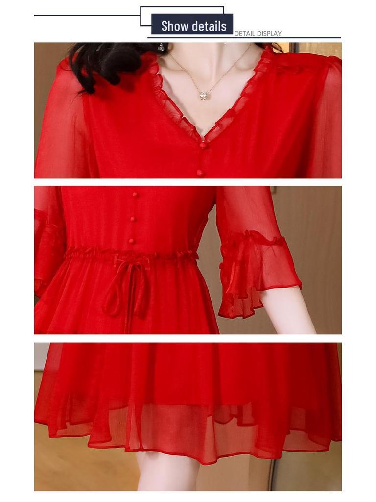 2023 Elegant V-Neck Red Chiffon Dress – Summer Style for Women, Age-Reducing, Fashionable and Suitable for Mothers