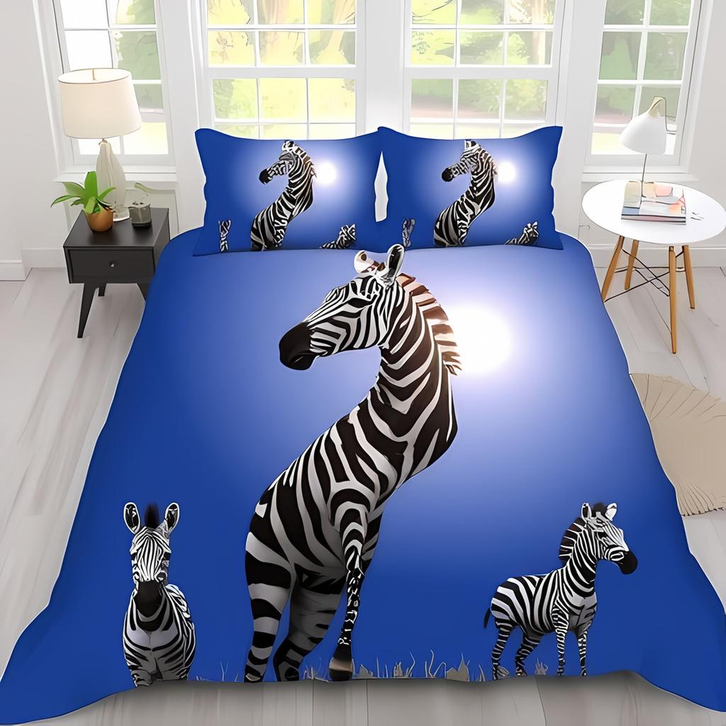 Vibrant Blue Zebra Print Duvet Cover Set Playful Stylish Bedding Suitable Children Kids And Adults Warm Soft And Breathable
