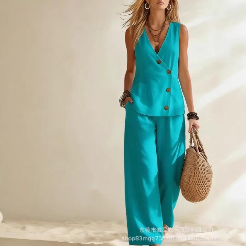 Womens Sleeveless Button Vest And Wide Leg Pants Set