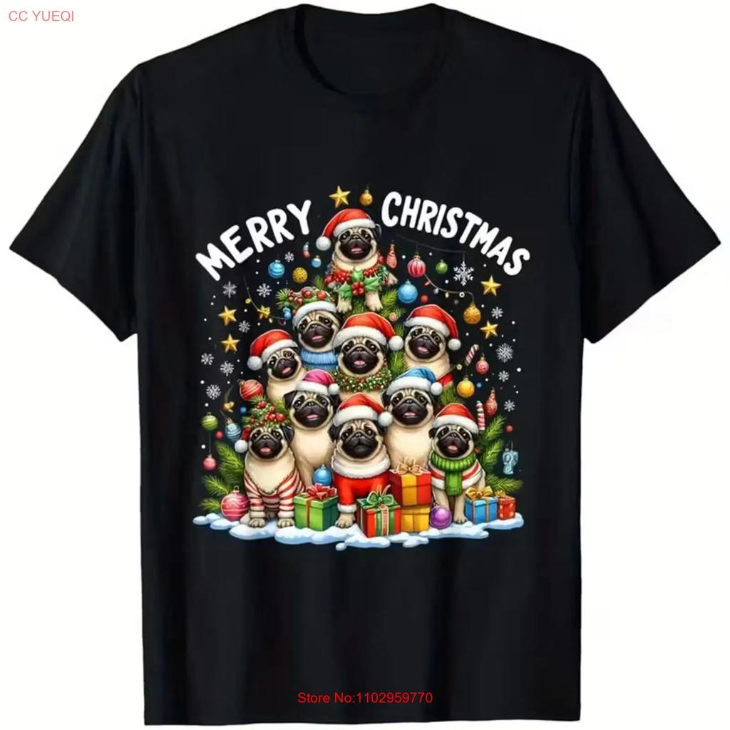 Happy Holidays Pug Dogs Coordinated Christmas Presents Tree T Shirt vintage Washed Unisex homme Breathable Stretched Casual