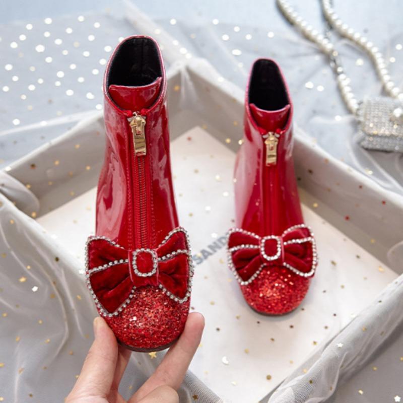 Girls Boots Children's Spring and Autumn Single Boots Baby Boots Winter Plus Velvet Leather Boots Princess Crystal Short Boots