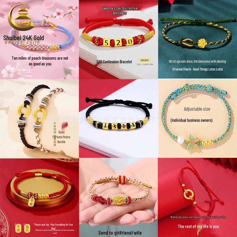 Shuibei 999 Reingold Ping'an Schnalle Armband mit goldenen Glücksperlen - Geflochtenes Handseil Valentinstag Qixi Geschenk
