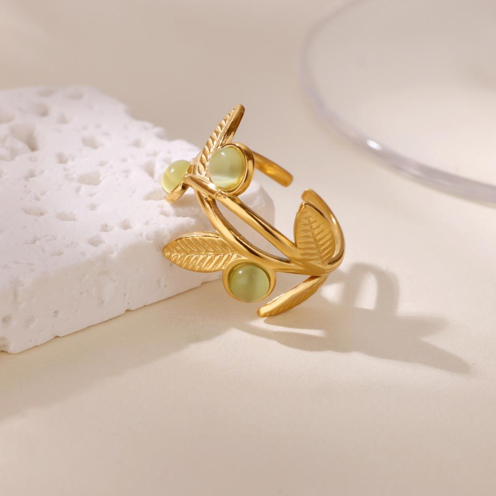 1pc Green Stone Leaf Opening Rings For Women Men Gold Color Stainless Steel Leaves Ring Female Aesthetic Jewelry Party Gifts