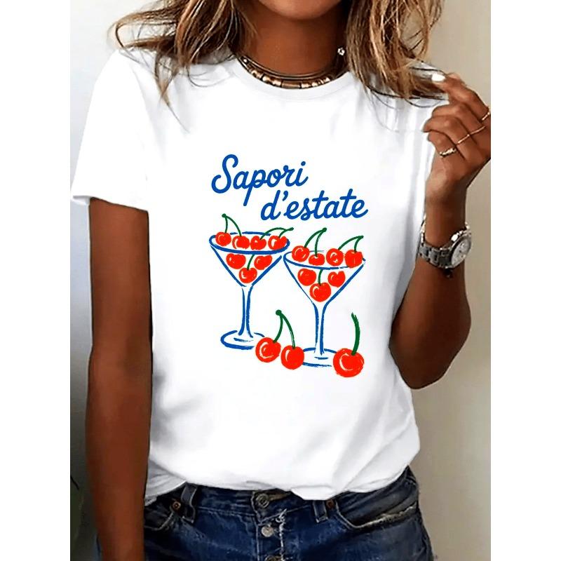 

Women s T-Shirt with Cherry & Italian Summer Graphic Print - Short Sleeve Round Neck Loose Fit Top, Breathable Fabric for Spring Summer Outfits S белый
