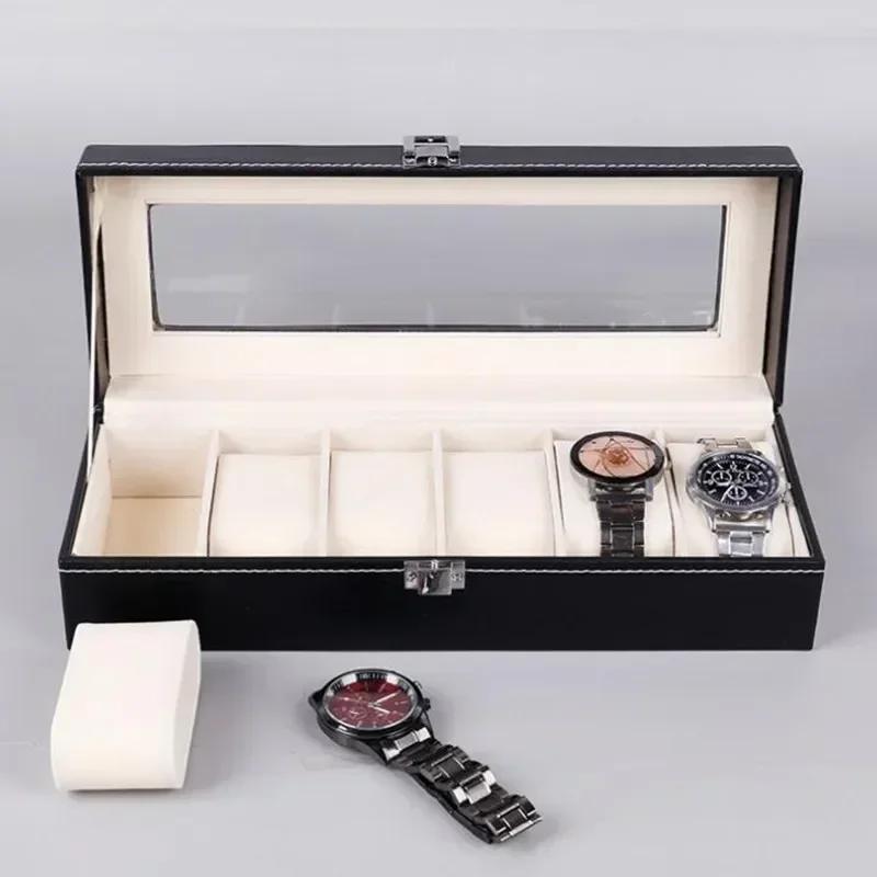 6 Grid Leather Watch Box Transparent Sunroof Watch Display Box Black PU Leather Bracelet Bracelet Jewelry Display Box StorageBox