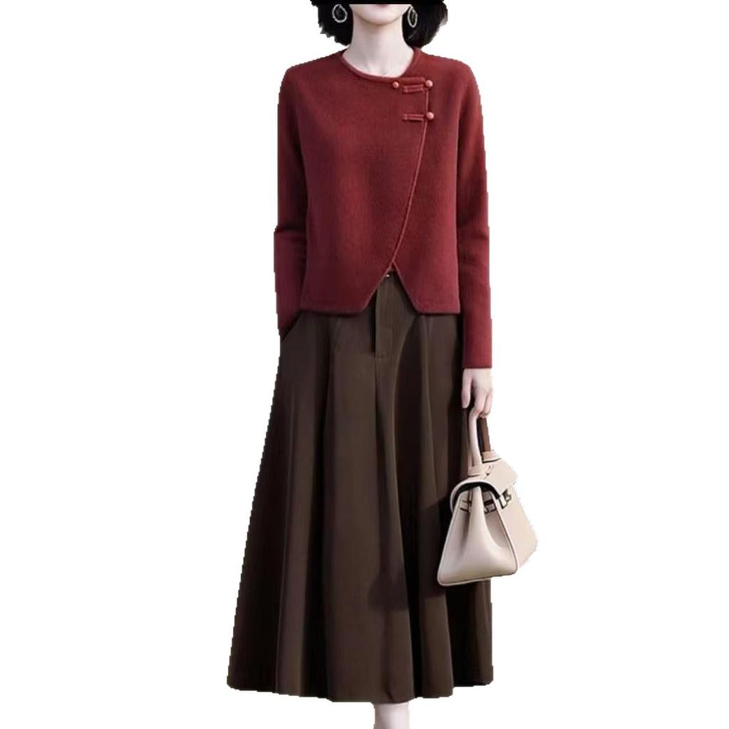 Women's New 2026 Irregular Knit Sweater & Chinese Style Frog Button Skirt Set - Spring & Autumn Collection