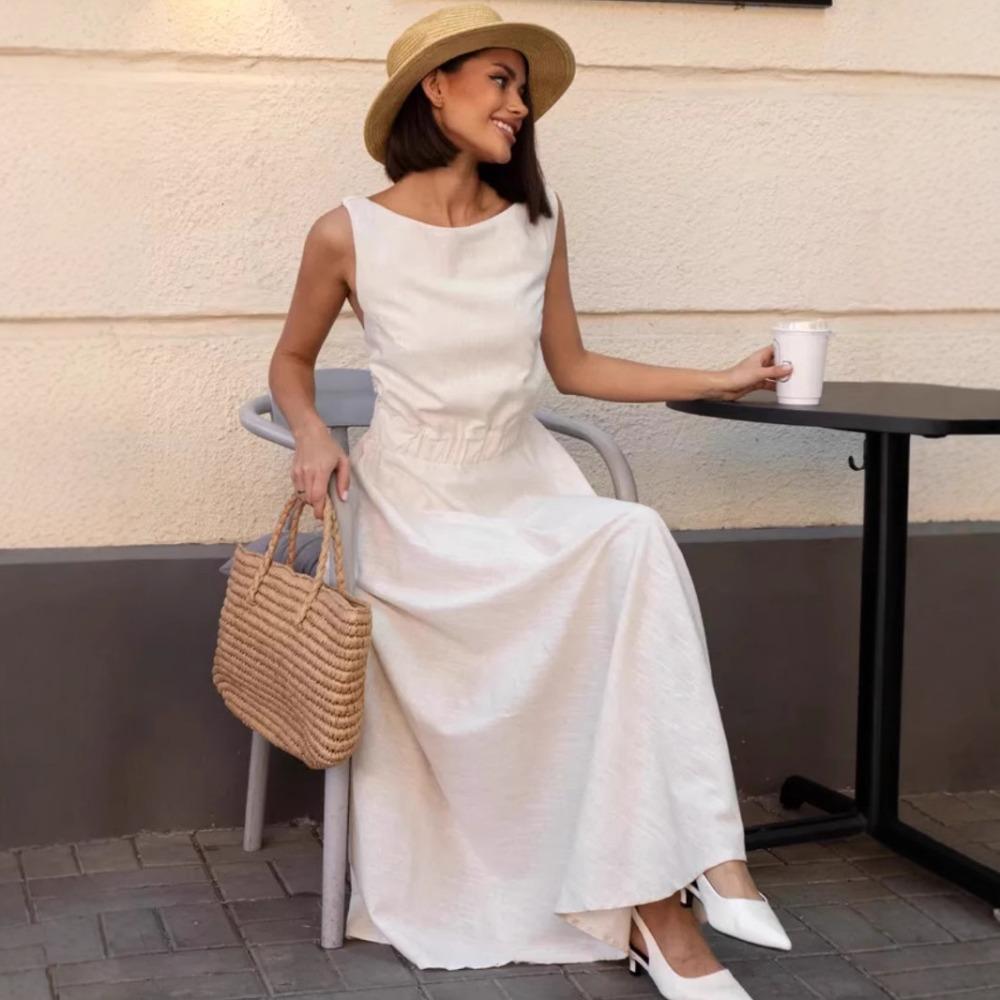 Summer European and American temperament cotton and linen dress sexy sleeveless suspender backless elastic waist dress