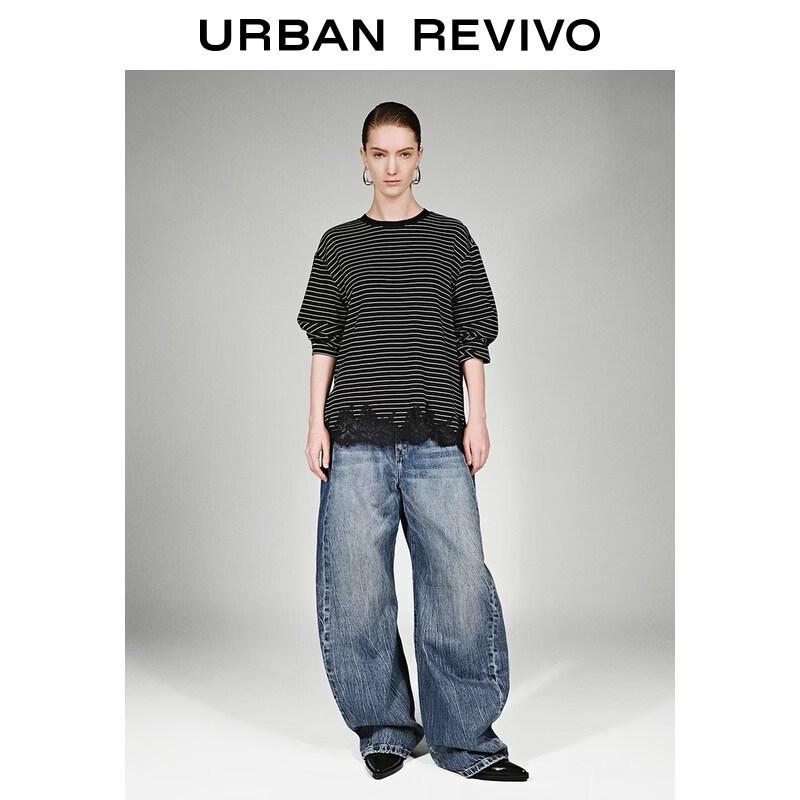 UR 2026 Women's Patchwork Lace Stripe Long Sleeve T-Shirt