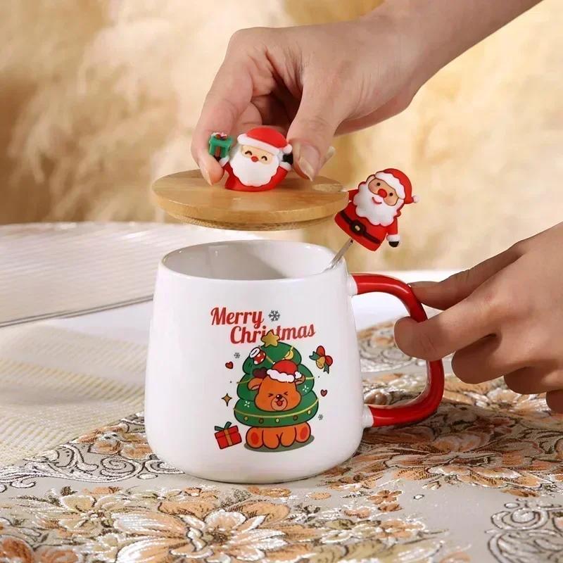Cană din ceramică de Crăciun de 400 ml, cu capac din lemn, set de pahare cadou, cafea cu lapte, omul de zăpadă, cutie cadou cu elan, ceașcă din ceramică de Anul Nou