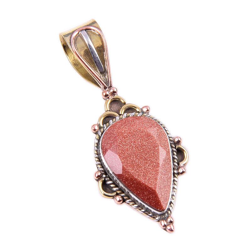 Natural Sunstone Gemstone 925 Solid Sterling Silver Two Tone Pendant 1.50'' w5B10