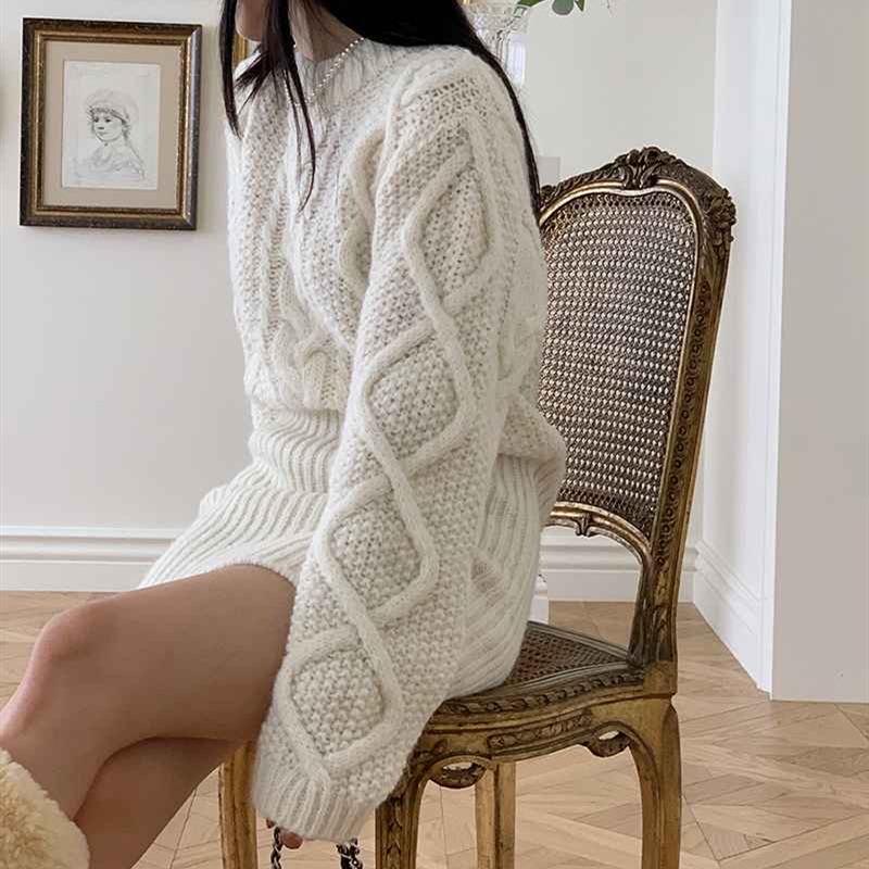 Herbst Winter Twist Elegant Damen Strickpullover Kleid Retro Lässig Locker Langarm Rundhals Pullover Kurze Kleider Büro Neue Slim Fit Kleidung