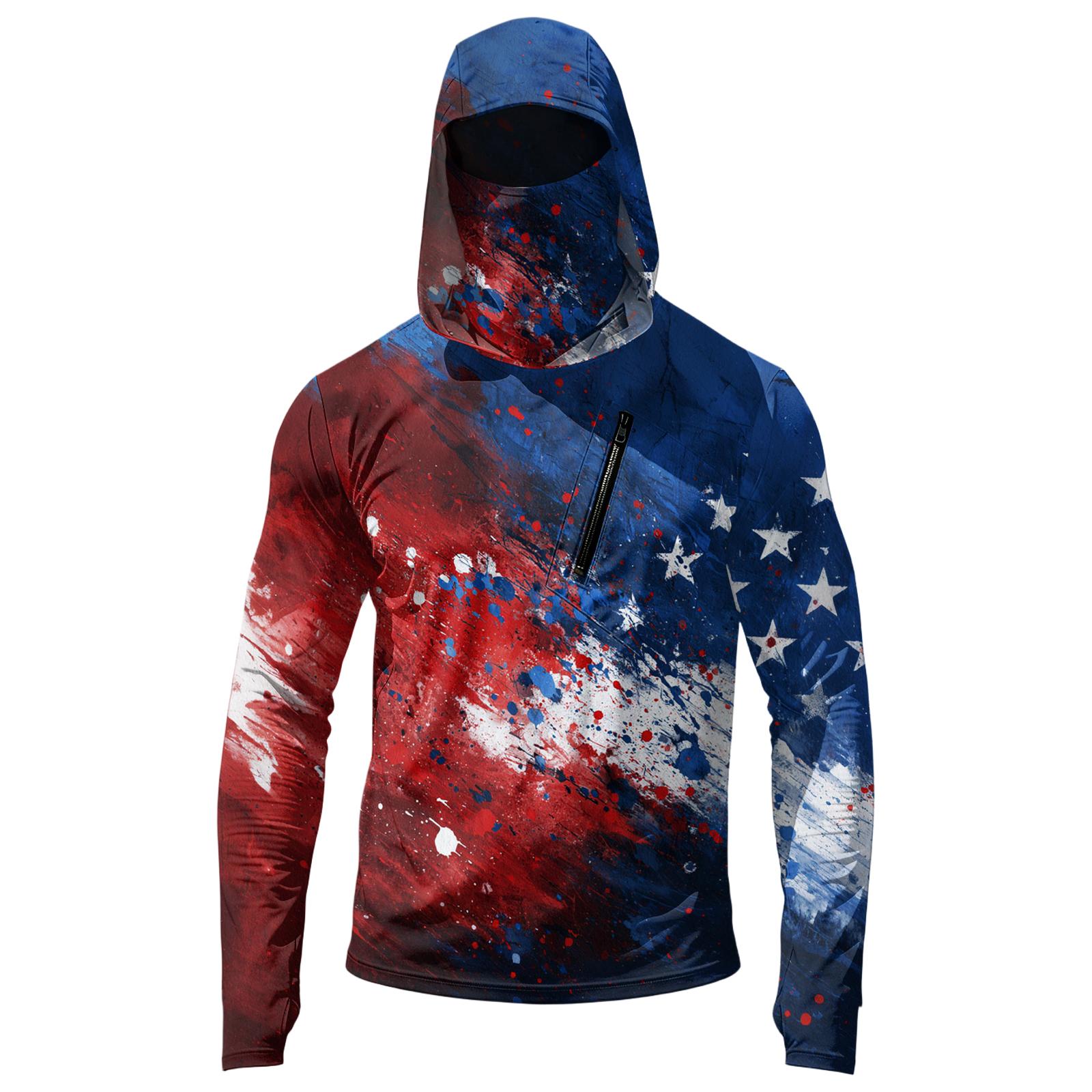 

Men s Casual Long Sleeve Hooded Sun Protection Shirt with Independent Day Print Lightweight Breathable Outdoor Top for Summer Activities S синий