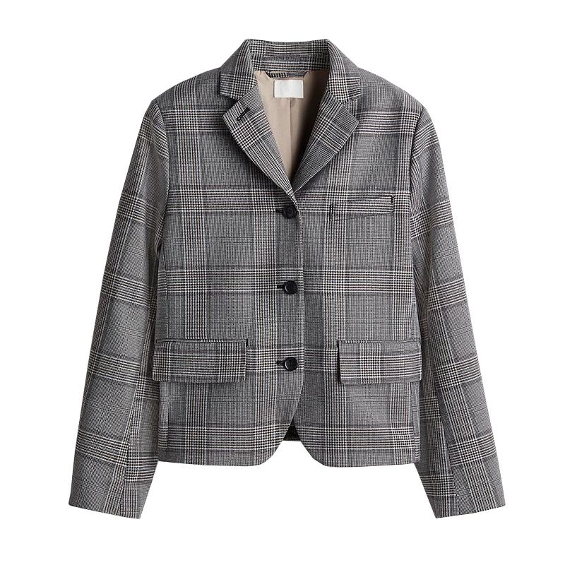 

Весна Новая Женская одежда Французский стиль Чувство дизайна Длинный рукав V-образный вырез Однобортный Блейзер Верхняя одежда 1265870 Black Check L