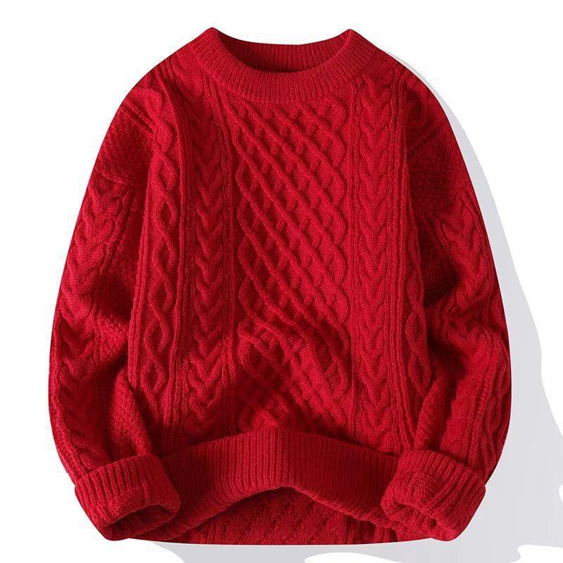 Men's Winter Cable Knit Sweater: Casual, Solid Color, Light Mature Style, Round Neck Pullover.