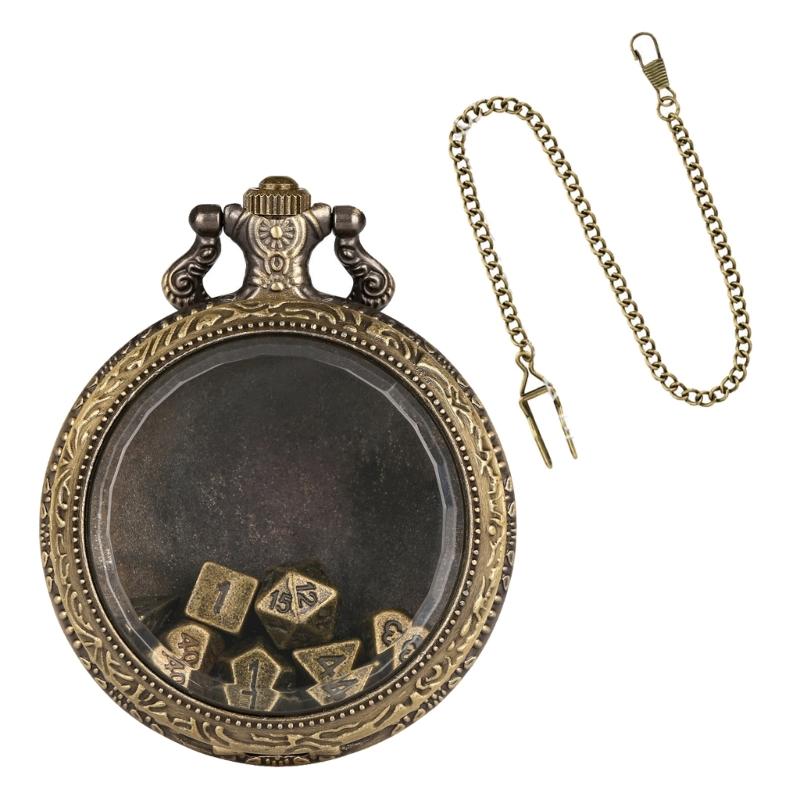 Unique Pocket Watch Case with 7pcs/set Metal Polyhedral Dices Pendant Delicate Pocket Watch for Gamers and Collectors