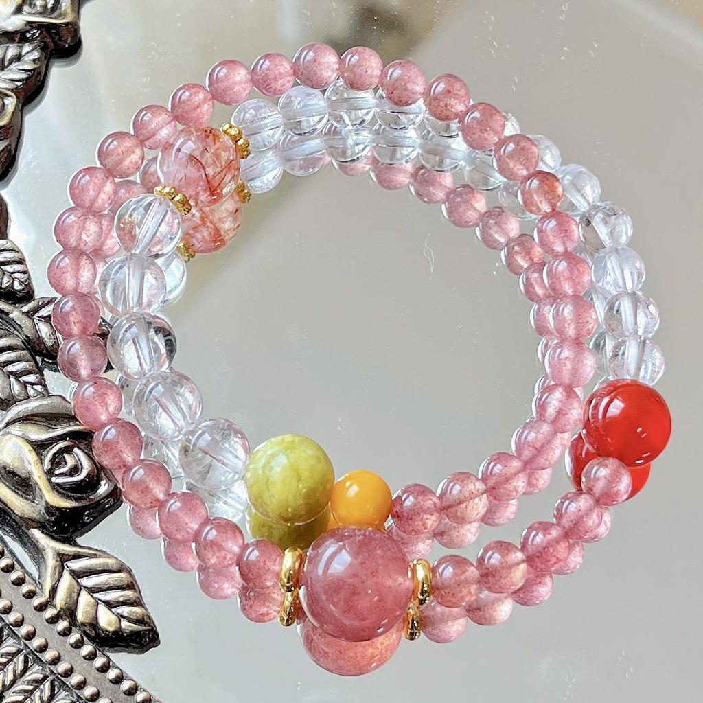 6Mm High Quality Retro Natural Strawberry Crystal Tiger Eye Stone Beeswax White Crystal Design Bracelet Bracelet