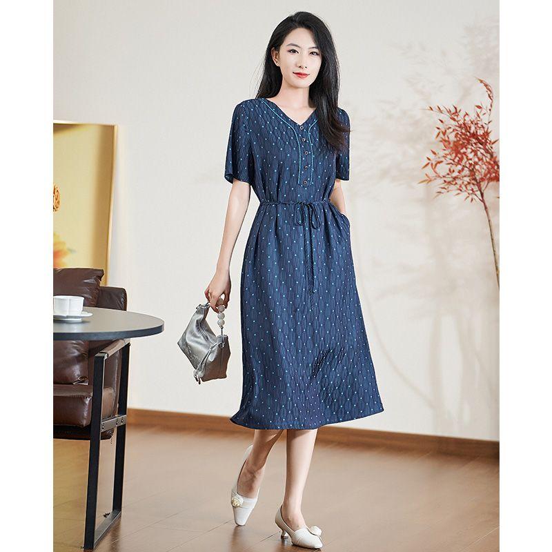 

Dioufu Affordable Luxury Fashion Fancy Socialite Elegant Dress Summer Short Sleeve Waist-Controlled Slimming Dress Royal Blue M