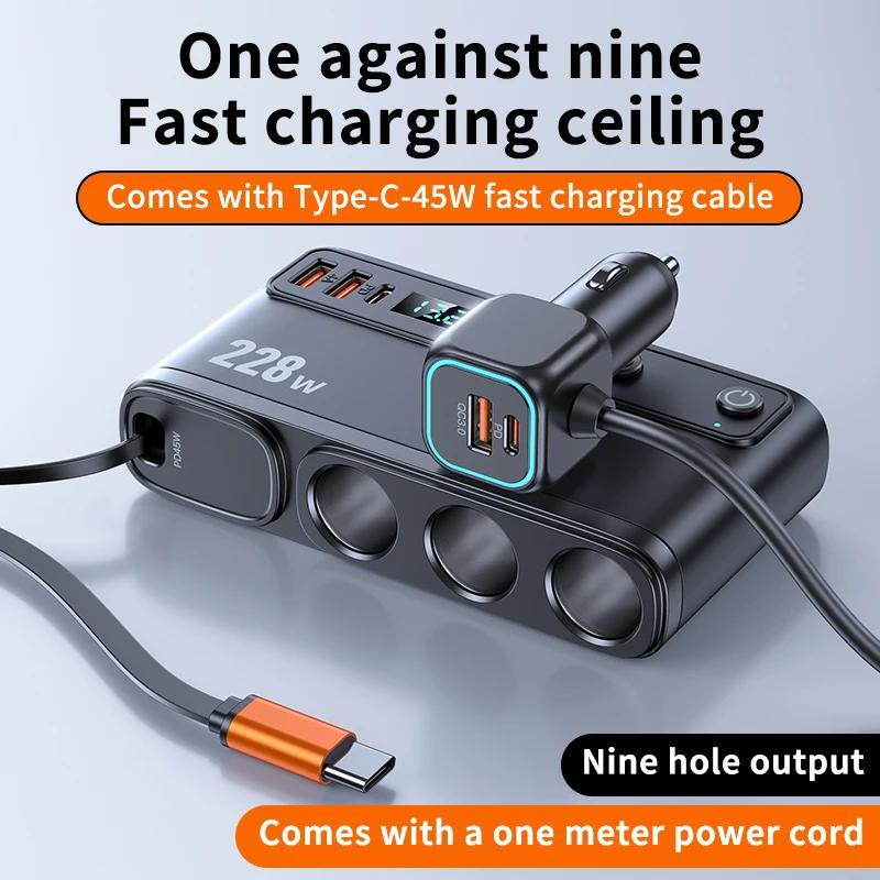 228W Car Charger Splitter 9 In 1 PD QC3.0 Fast Charging Adapter with Independent Switches 3 Cigarette Lighter Sockets 12V 24V