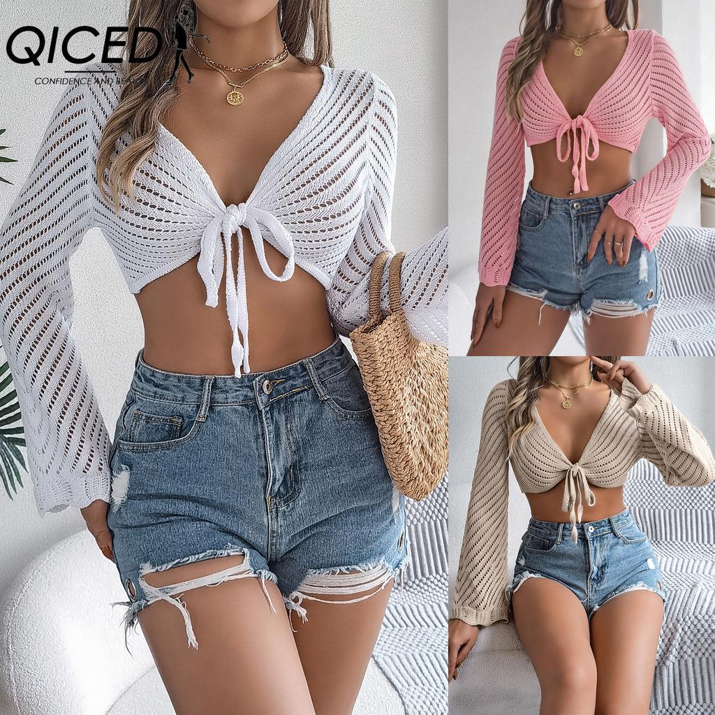QICED Summer Hollowed-out Striped Tie Long-sleeved Crop Top Knitted Cardigan for Women with Sun Protection