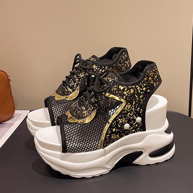 

Летние сандалии на толстой подошве для женщин, повседневные, большого размера, пляжные, с вырезами, на высоком каблуке, спортивного стиля, танкетки, сандалии женские 35 золотой