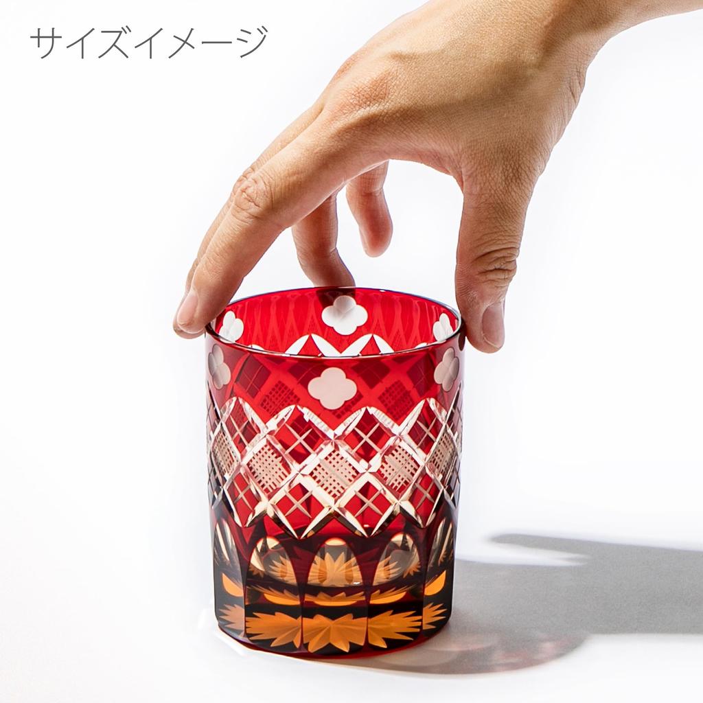 Taiburo Edo Kiriko Glassware with and Pattern Wooden Made in Japan [Official Workshop] Four-Leaf Yarai-Nanko (Amber Red) TB94429AR, Box,
