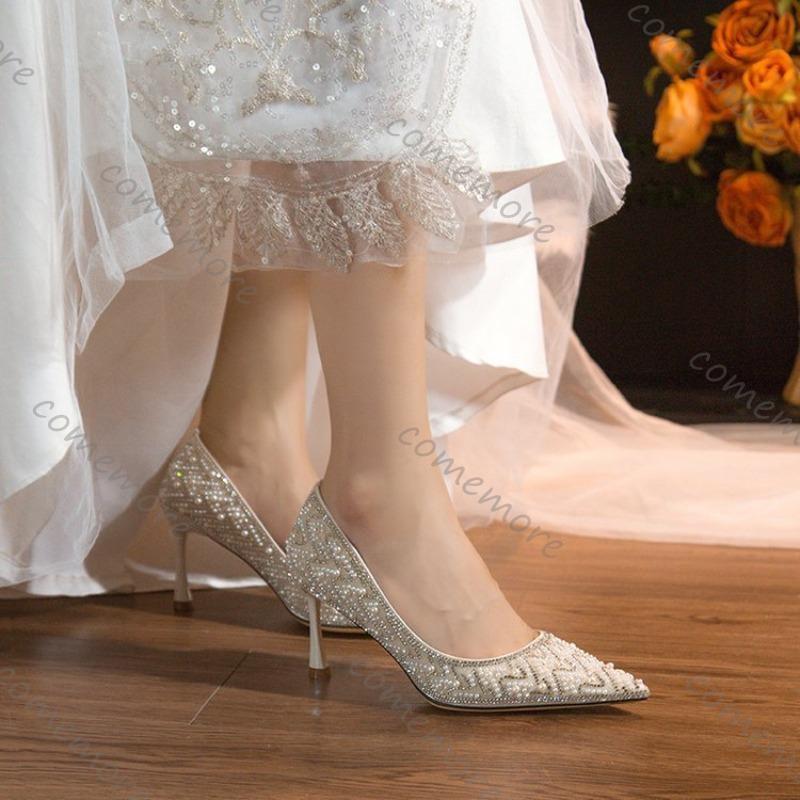 Fashion Comemore Pumps for Women Sexy Pearl Decoration Fashion Women's High Heels Sequins Dress Party Shoes Stiletto Heel Single Shoe