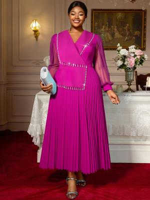 Plus Size Long Sleeve Solid Color Nail Bead Mid Waist Dress African Women's Party Evening Dress Pleated Dresses for Weddings