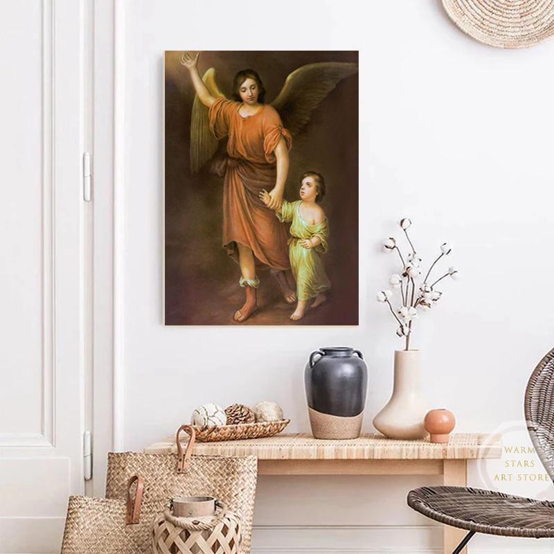 Vintage Guardian Angel with Children Canvas Painting Prints and Posters Wall Art Picture for Home Children Room Decor Cuadros