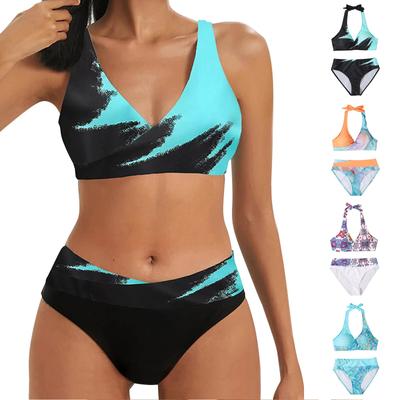 Bkini Sportstil Splitdruck Damen Bademode Zweiteilig Hohe Taille 2025 Damen Badeanzug Strandbekleidung trajes de baño mujer
