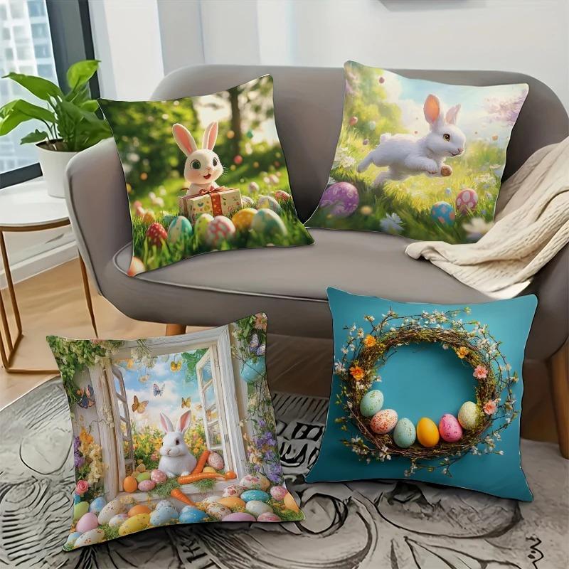 Easter Fantasy Bunny and Egg Combination Single-Sided Pillowcase Living Room Bedroom Sofa Chair Decorative Cushion Cover