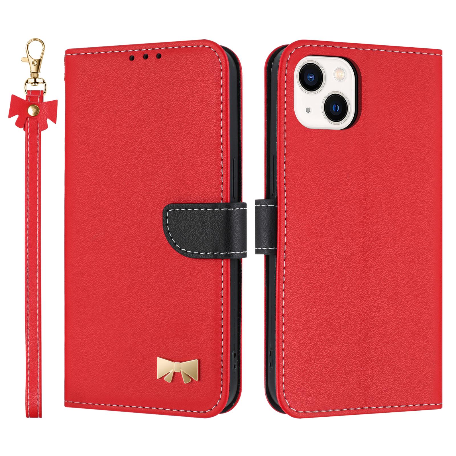 

For iPhone 15 Case Bowknot Decor Wallet Leather Phone Cover with Wrist Strap Red