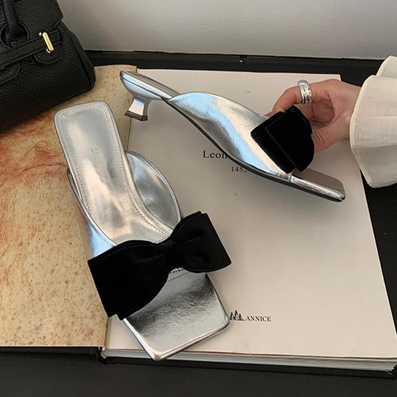 Fashion Bow Women Heeled Slippers Fashion Dress Shoes Summer Luxury Sandals Woman 2025 Beach Flip Flops Party Elegant Chaussure Femme