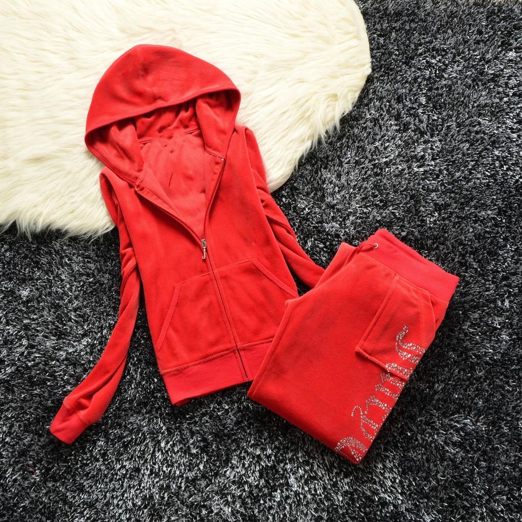 2 Pieces of Women's Outfit Fall Winter Women's Tracksuit Crystal Hoodies and Pant Sets Y2K Velvet Tracksuit