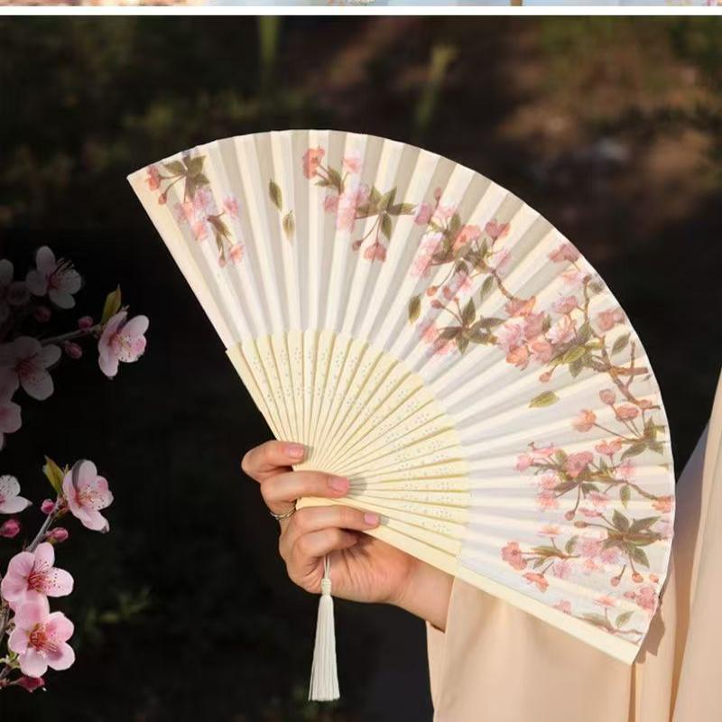 Tragbarer Handfächer Neuer Chinesischer Stil Tanzrequisiten Retro Muschelfächer Frau Männer Bambus Holz Seidenblume Faltfächer