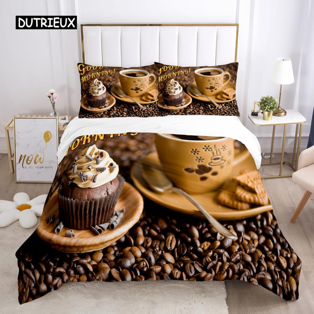 Good Morning Duvet Cover Set Microfiber Coffee Rose Cozy Breakfast Twin Bedding Set Double Queen King Size 2/3pcs Quilt Cover