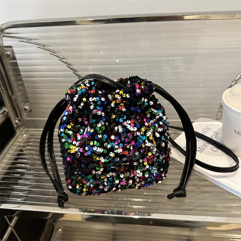 Korean Small Sequin Bucket Bag Trendy Soft Tie-mouth Shoulder Bag Casual Niche Fashion Personality Crossbody Bag Trendy