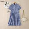 ZANZEA Women Plaid Print Casual Turn Down Collar Short Sleeve Dress