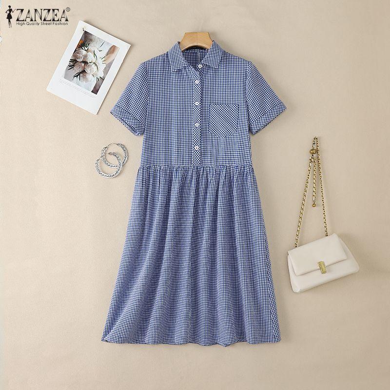ZANZEA Women Plaid Print Casual Turn Down Collar Short Sleeve Dress