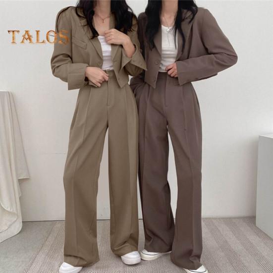 2 Teile/satz Frauen Mantel Hosen Set Revers Einreihige Strickjacke Langarm Jacke Breites Bein Hohe Taille Gerade Hose Dame Formale Pendler Outfit