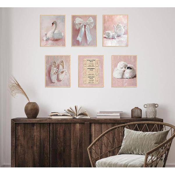 6Pcs Pink Vintage Swan Nursery Wall Art Ballerina Shoes and Bow Painting Picture Wall Decor Retro Tickets and Coffee Cups Preppy Posters Prints
