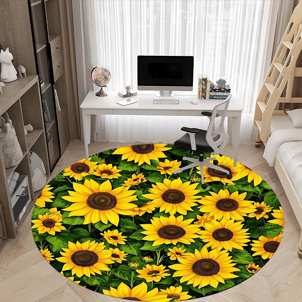 1pc Sunflower Field Office Round Area Rug, Under Office Chairs Bedroom Living Room Home Decor, Room Deco