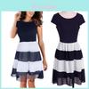 Abito da Donna in Chiffon a Righe di Pregio con Maniche Corte e Chiusura a Zip