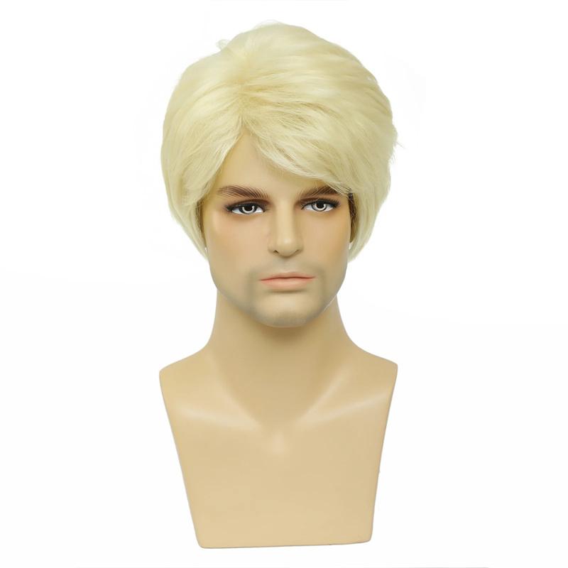 Men's Short Golden Blonde Wigs Synthetic Natural Wavy Wig with Side Bangs Men Cosplay Wig Trump Costume Roleplay Daily Party