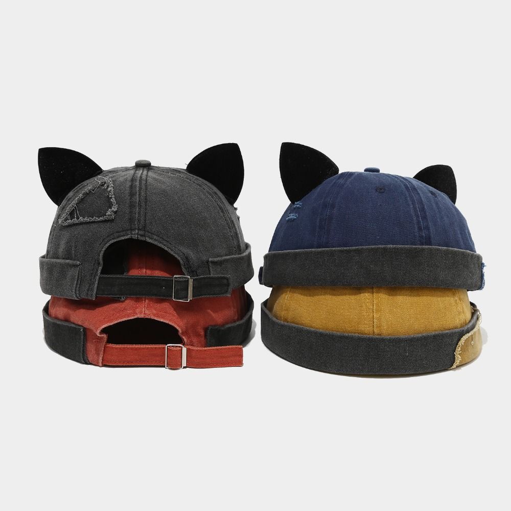 Unique Cute Cat Ears Brimless Hat Adjustable Hip Hop Beanie Hat Rolled Cuff Solid Color Docker Cap Daily