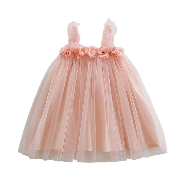 Rochie de Plajă Summer cu Bretele din Plasă și Flori 3D pentru Fete Dulci - Fustă Pufoasă de Prințesă pentru Bebelușe.